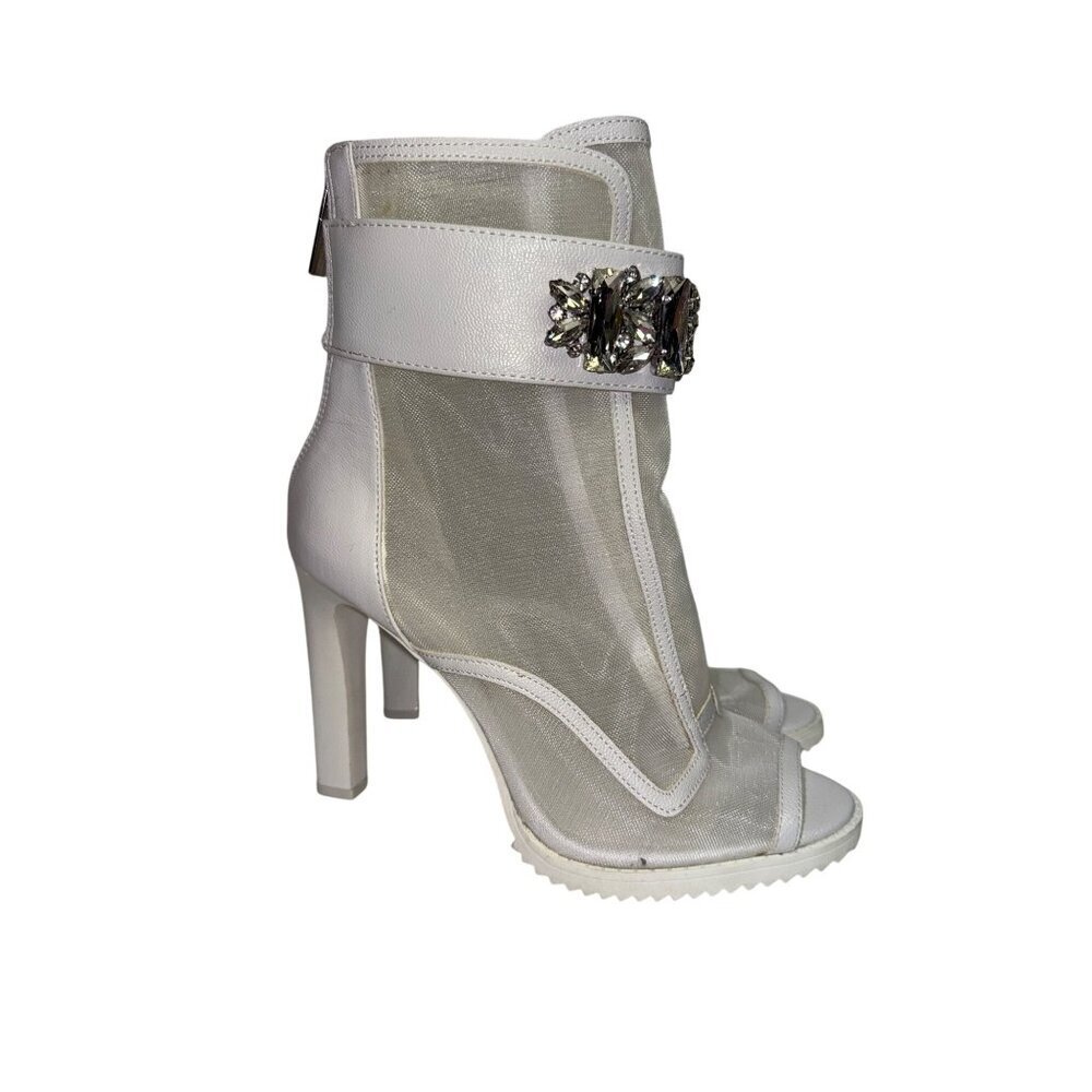 Karl Lagerfeld Blayze Women's Bootie Heeled Boot White Mesh Peep Toe Size 7